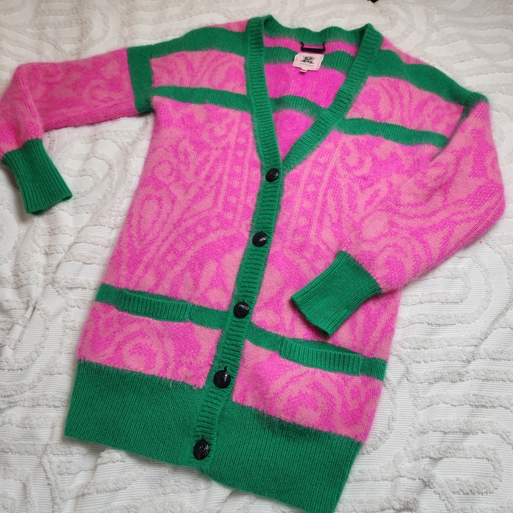 Juicy Couture Malachite Pink Green Baroque Angora Cardigan Knit Sweater Xs/S